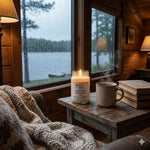Load image into Gallery viewer, Lakeside Cabin hand poured Candle, mug, and book on a wooden table with a rainy window view in the background. Southern Charm Farmhouse.
