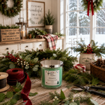 Load image into Gallery viewer, A lit green hand poured scented candle in a clear glass jar sits on a rustic wooden table surrounded by holiday greenery, red ribbon, berries, and winter decor. The candle label reads Mistletoe and the jar has a silver lid. Southern Charm Farmhouse.
