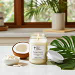 Load image into Gallery viewer, Mango Coconut hand poured candle in a mason jar on a table with a window and plants in the background. Southern Charm Farmhouse.
