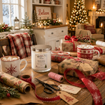 Load image into Gallery viewer, A cozy holiday tabletop scene with wrapped gift boxes, mugs of marshmallow tea, scissors, ribbon, and a lit candle in a glass jar. The room has Christmas decorations, a fireplace, and a tree in the background. Hand poured candle labeled Marshmallow Wonderland by Southern Charm Farmhouse.
