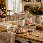 Load image into Gallery viewer, A styled holiday kitchen scene with a jar candle labeled 'Marshmallow Wonderland' beside plates of white and pink candy cane treats, jars of marshmallows and peppermint, candy canes, and a cozy rustic background with a tree and shelves.  Southern Charm Farmhouse.
