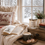 Load image into Gallery viewer, A cozy indoor scene by a window with a cream sherpa throw blanket, an open book, a mug of hot cocoa with marshmallows, cookies on a wooden tray, and a glass jar hand poured candle labeled 'Marshmallow Wonderland' on a wooden side table. A pillow reading 'Let it Snow' rests on a bed in the background, with a snowy outdoor view through the window.  Southern Charm Farmhouse.
