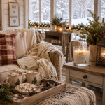 Load image into Gallery viewer, A cozy winter living room scene with a cream sofa draped in a chunky knit throw, plaid pillows, mugs of hot cocoa with marshmallows, a tray of popcorn, and a lit hand poured Marshmallow Wonderland candle on a wooden side table. Large windows show a snowy outdoor view, and a book titled 'The Christmas Season' rests on the sofa.  Southern Charm Farmhouse.
