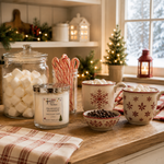 Load image into Gallery viewer, A cozy holiday kitchen scene with a jar candle labeled 'Marshmallow Wonderland' on a wooden counter beside mugs topped with marshmallows, candy canes, a bowl of chocolate chips, and a jar of marshmallows. The background shows shelves, string lights, small trees, and a window with snow outside.  Southern Charm Farmhouse.
