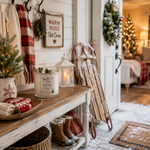 Load image into Gallery viewer, A cozy rustic home entryway scene featuring a lit 'Warm Hugs' hand poured scented candle labeled Marshmallow Wonderland in a glass jar on a wooden bench, alongside a lantern, vintage sleds, a plaid scarf, and a small tree. In the background, a warm bedroom with a lit Christmas tree is visible through an open white door.  Southern Charm Farmhouse.
