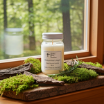 Load image into Gallery viewer, 16 oz Hand Poured Candle jar labeled 'Midsummer's Night' on a wooden surface with greenery, in front of a window with a forest view. Southern Charm Farmhouse.
