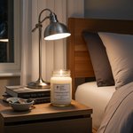 Load image into Gallery viewer, 16 oz Hand Poured Midsummer's Night Candle on a nightstand next to a lamp in a bedroom setting. Southern Charm Farmhouse.
