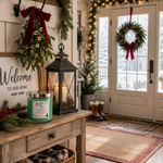 Load image into Gallery viewer, A festive holiday home entryway with a green scented hand poured Mistletoe candle on a rustic wooden console table, styled with a black lantern, evergreen garland, red bows, and a snowy winter scene visible through glass doors in the background. Southern Charm Farmhouse.
