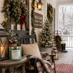 Load image into Gallery viewer, A festive holiday porch scene with a green jar candle labeled 'Mistletoe' on a wooden table beside a black rocking chair with a cream knit pillow and plaid throw blanket. The porch is decorated with wreaths, string lights, a small Christmas tree, lanterns, and a rustic welcome sign. Southern Charm Farmhouse.
