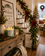 Load image into Gallery viewer, A lit hand poured scented candle labeled Mistletoe sits on a rustic wooden console table in a decorated holiday home, alongside pine branches, a framed welcome sign, and a staircase garland with red bows and warm white lights. Southern Charm Farmhouse.
