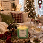 Load image into Gallery viewer, A lit green hand poured scented Mistletoe candle in a clear glass jar sits on a woven tray on a table in a cozy living room setting decorated for Christmas, with holiday greenery, glasses of sparkling wine, a couch, and a decorated tree in the background. Southern Charm Farmhouse.
