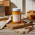 Load image into Gallery viewer, 16 oz mason Jar of mulled cider press candle on a wooden cutting board with cinnamon sticks and a bowl of dried fruit. Southern Charm Farmhouse.
