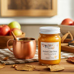 Load image into Gallery viewer, 16 oz mason Jar of mulled cider press candle with a copper mug and apples in the background. Southern Charm Farmhouse.
