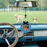 Load image into Gallery viewer, Decorative hanging from the rearview mirror Peace, Love, Dogs car freshie. Two dogs are visible outside the car in a park. Southern Charm Farmhouse.
