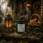 Load image into Gallery viewer, A candle jar labeled 'Poison Apple' sits on a mossy stone surface in a rustic outdoor scene with a lantern, a basket of apples, ferns, and a stone wall background. Southern Charm Farmhouse.
