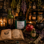 Load image into Gallery viewer, A styled tabletop scene with a hand poured candle jar labeled 'Poison Apple' as the apparent product, surrounded by witch-themed props including an open book with potion ingredients, bottles labeled Witch's Brew, Dragon's Blood, and Tartar's Blood, a red apple, dried flowers, a cauldron, and lit candles. Southern Charm Farmhouse.

