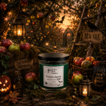 Load image into Gallery viewer, A Halloween-themed hand-poured candle in a clear glass jar with a black lid and green wax, labeled 'Poison Apple' by Southern Charm Farmhouse. The candle is displayed in a spooky orchard setting with lanterns, apples, a ladder, and a pumpkin.
