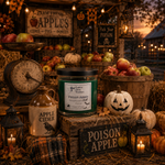 Load image into Gallery viewer, A styled autumn outdoor scene featuring a candle product labeled 'Poison Apple' on a wooden crate, surrounded by pumpkins, apples, lanterns, a vintage scale, and rustic signs. The setting includes hay, fall foliage, and warm string lights at dusk. Southern Charm Farmhouse.
