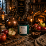 Load image into Gallery viewer, A hand poured candle jar labeled 'Poison Apple' by Coffin to Casket, styled in a dark, rustic kitchen scene with apples, cinnamon sticks, candles, and copper cookware. Southern Charm Farmhouse.
