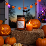 Load image into Gallery viewer, Halloween-themed display with pumpkins, a lit candle, and a jar labeled 'Pumpkin Hollow' candle.  Southern Charm Farmhouse.
