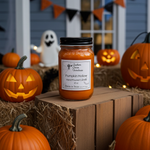 Load image into Gallery viewer, Pumpkin Hollow hand poured candle in a jar surrounded by Halloween decorations on a wooden crate. Southern Charm Farmhouse.
