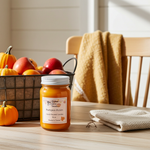 Load image into Gallery viewer, 16 oz mason Jar of pumpkin pickin hand poured candle on a wooden table with pumpkins and apples in the background.  Southern Charm Farmhouse.
