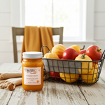 Load image into Gallery viewer, 16 oz mason Jar of 'Pumpkin Pickin' hand poured candle on a wooden table with a basket of apples and gourds.  Southern Charm Farmhouse.
