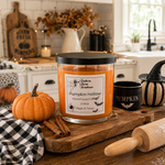 Load image into Gallery viewer, A hand-poured candle in a clear glass jar with a black lid sits on a rustic wooden board in a cozy kitchen setting. The label reads 'Southern Charm Farmhouse' and 'Pumpkin Hollow'.
