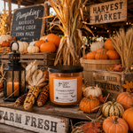 Load image into Gallery viewer, A jar hand poured candle labeled 'Pumpkin Hollow' by Southern Charm Farmhouse is displayed on a rustic wooden table in an autumn farm market setting with pumpkins, corn, wheat, and signs.
