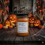Load image into Gallery viewer, A hand-poured candle in a clear glass jar with a black lid sits on a rustic wooden surface surrounded by Halloween decorations, including lit jack-o'-lanterns, corn stalks, and cobwebs. The front label reads 'Southern Charm Farmhouse' and 'Pumpkin Hollow'.

