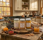 Load image into Gallery viewer, Three hand poured 16 oz mason jars of pumpkin spice, pumpkin picking and toasted pumpkin spice candles on a wooden table with a kitchen background.  Southern Charm Farmhouse.
