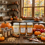 Load image into Gallery viewer, Autumn-themed kitchen scene with pumpkins, 3 16 oz hand poured candle labeled Toasted Pumpkin Spice, Pumpkin Spice and Pumpkin Pickin with pumpkin spice products, and a window view of fall foliage.  Southern Charm Farmhouse.
