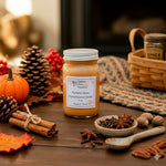 Load image into Gallery viewer, Pumpkin spice hand poured candle with fall-themed decor on a wooden surface.  Southern Charm Farmhouse.
