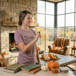 Load image into Gallery viewer, Woman holding a room spray bottle in a cozy living room with pumpkins and autumn decorations.  Southern Charm Farmhouse.
