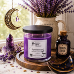 Load image into Gallery viewer, Purple wax candle in a clear glass jar with a black lid, labeled Southern Charm Farmhouse Spellbound, styled on a wooden tray beside a dark glass Moon Dust bottle, lavender stems, crystals, and a hanging gold crescent moon ornament.
