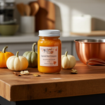Load image into Gallery viewer, Spiced Rum Pumpkin hand poured candle jar on a wooden surface with pumpkins and kitchen utensils in the background. Southern Charm Farmhouse.
