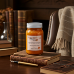 Load image into Gallery viewer, Spiced Rum Pumpkin hand poured candle in a jar on a wooden surface with books and a pen. Southern Charm Farmhouse.
