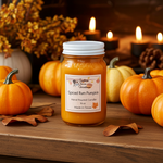 Load image into Gallery viewer, Jar of 'Spiced Rum Pumpkin' hand poured candle with pumpkins and candles in the background. Southern Charm Farmhouse.
