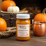 Load image into Gallery viewer, Jar of Spiced Rum Pumpkin hand poured candle with pumpkins and a copper mug in the background. Southern Charm Farmhouse.

