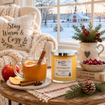 Load image into Gallery viewer, A hand-poured holiday cider scented candle by Southern Charm Farmhouse is displayed on a rustic wooden table next to a glass mug of hot apple cider with cinnamon, set in a cozy living room scene with a window showing a snowy outdoor view.
