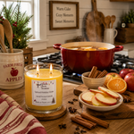 Load image into Gallery viewer, A lit double-wick hand poured candle in a clear glass jar sits on a wooden table in a cozy kitchen scene. The label reads  Spiced Holiday Cider ' and says 'Made in Texas. Southern Charm Farmhouse 

