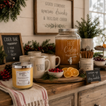 Load image into Gallery viewer, A cozy holiday hot cider setup on a rustic wooden counter, featuring a large glass hot cider dispenser filled with amber liquid, a candle jar labeled 'Spiced Holiday Cider', several cream mugs, cranberry bowls, orange slices, cinnamon sticks, and small signs including one that reads 'CIDER BAR'. Southern Charm Farmhouse 
