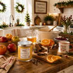 Load image into Gallery viewer, A lit jar hand poured candle labeled 'Spiced Holiday Cider' sits on a rustic wooden kitchen counter surrounded by holiday ingredients, including oranges, apples, cinnamon sticks, star anise, and a mug that reads 'Merry and Bright.' The background shows a decorated farmhouse kitchen with wreaths, a sink, and warm ambient lighting. Southern Charm Farmhouse 
