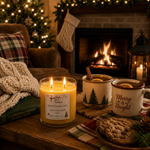Load image into Gallery viewer, A lit candle in a clear glass jar sits on a wooden table in a cozy holiday living room scene, with a fireplace, stockings, mug, cookies, and blanket nearby. The candle label reads  'Spiced Holiday Cider '. Southern Charm Farmhouse 
