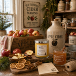 Load image into Gallery viewer, A styled autumn farmhouse scene with an Spiced Holiday Cider jar hand poured candle, a large ceramic apple cider jug, a glass mug of cider, apples in a wooden crate, dried orange slices, cinnamon sticks, twine, and rustic signs on a table by a window. Southern Charm Farmhouse 
