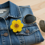 Load image into Gallery viewer, Yellow sunflower car freshie on a denim jacket with sunglasses on top. Southern Charm Farmhouse.
