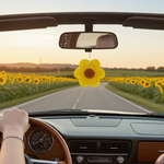 Load image into Gallery viewer, Car Freshie sunflower-themed car hanging from rearview mirror, driving on a road with sunflower fields. Southern Charm Farmhouse.
