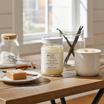 Load image into Gallery viewer, Sweet Vanilla Caramel Candle in a 16 oz Mason jar with cookies, and coffee on a wooden table with a window in the background. Southern Charm Farmhouse.
