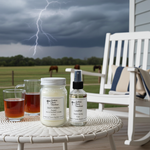 Load image into Gallery viewer, One 16 oz hand poured Storm Watch candle and one 4 oz Leather Room Spray on a table with a stormy sky and lightning in the background. Southern Charm Farmhouse.
