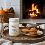 Load image into Gallery viewer, Toasted Pumpkin Spice hand poured candle on a wooden tray with a cup of coffee, muffin, and toast in front of a fireplace.  Southern Charm Farmhouse.

